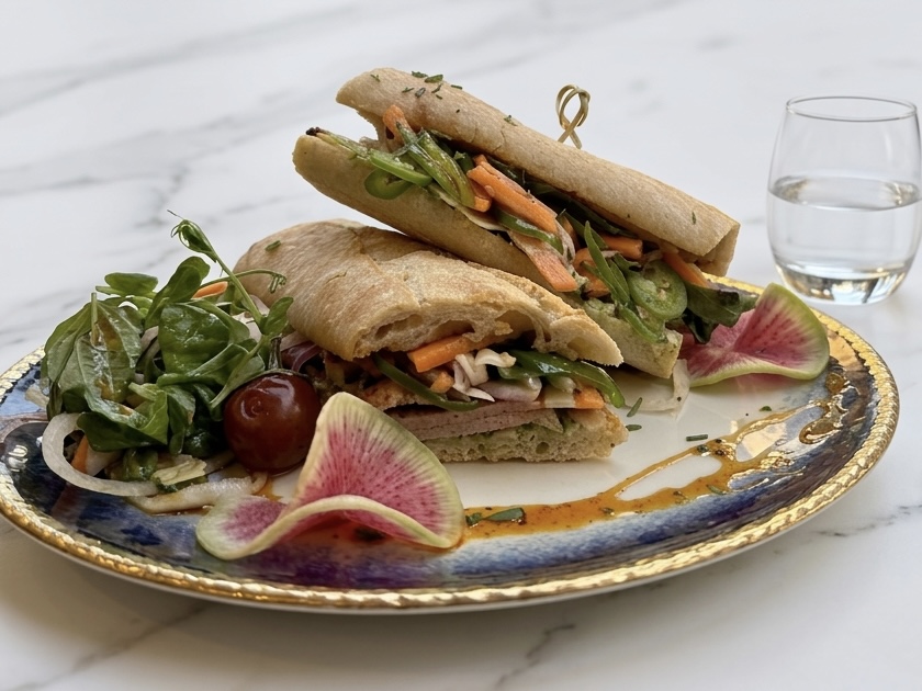 Banh mi style sandwich with pickled vegetables on an artisan plate