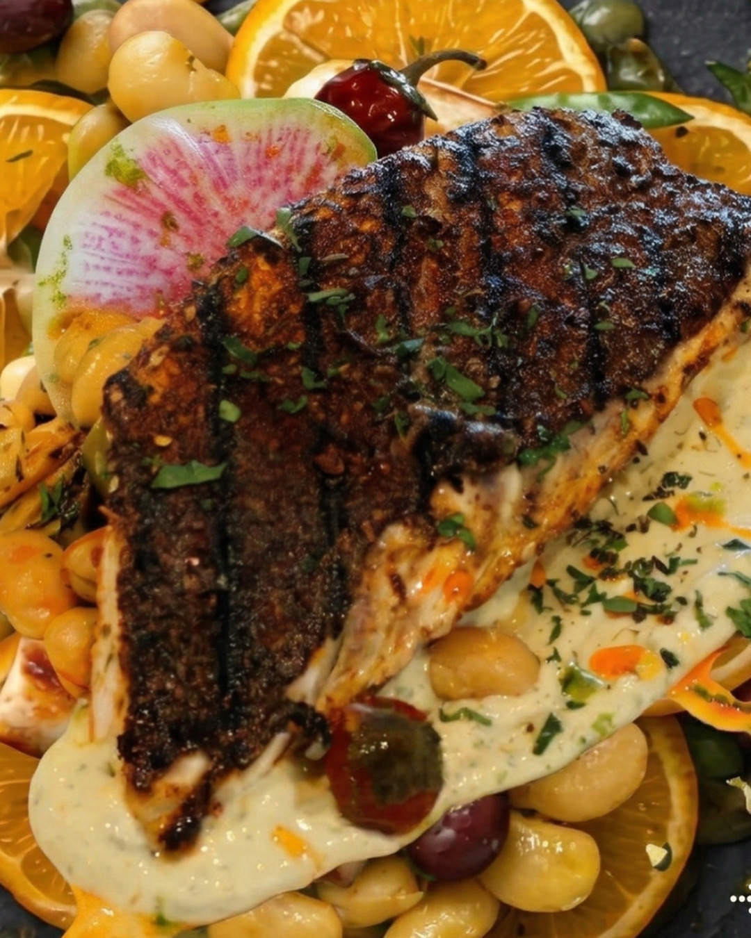 Blackened fish fillet over butter beans, olives and citrus