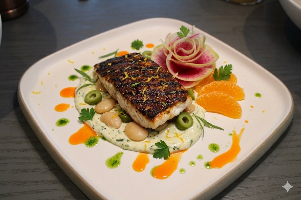 Blackened fish over herbed butter bean salad with watermelon radish and citrus