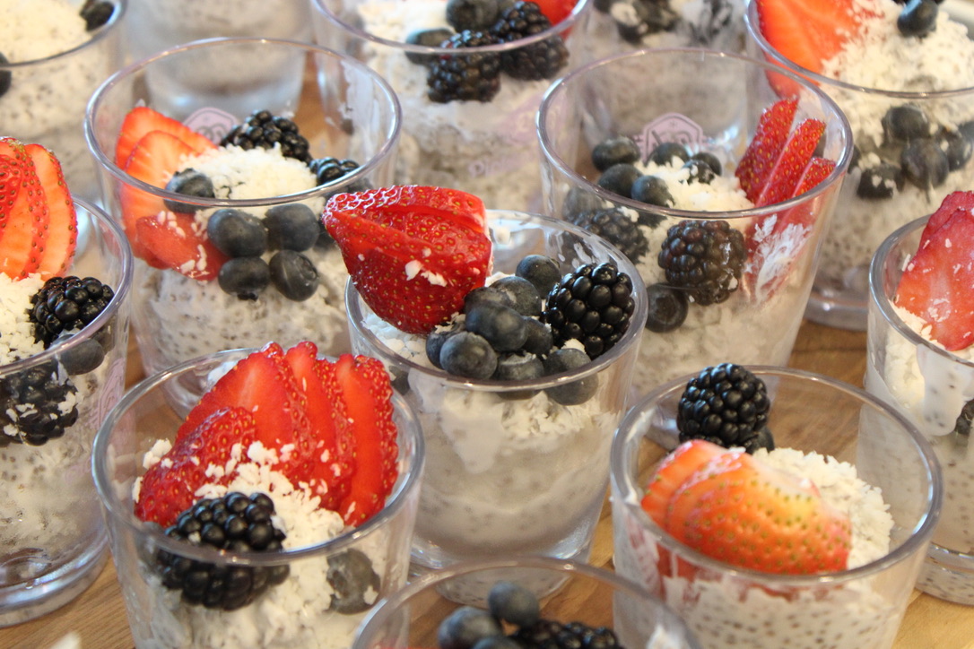 Chia pudding parfaits with berries and coconut