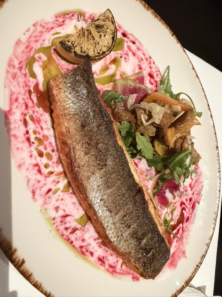 Crispy-skin trout over beet crème with shaved salad