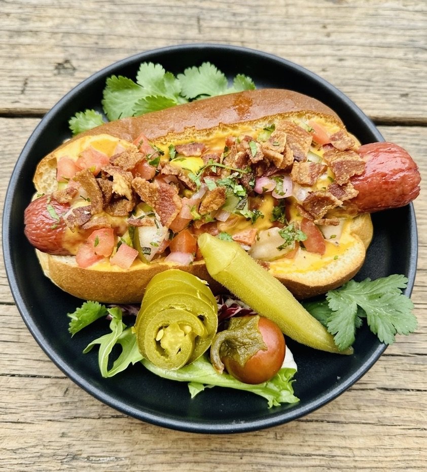 Gourmet hot dog with queso, pico de gallo and bacon, served with pickles